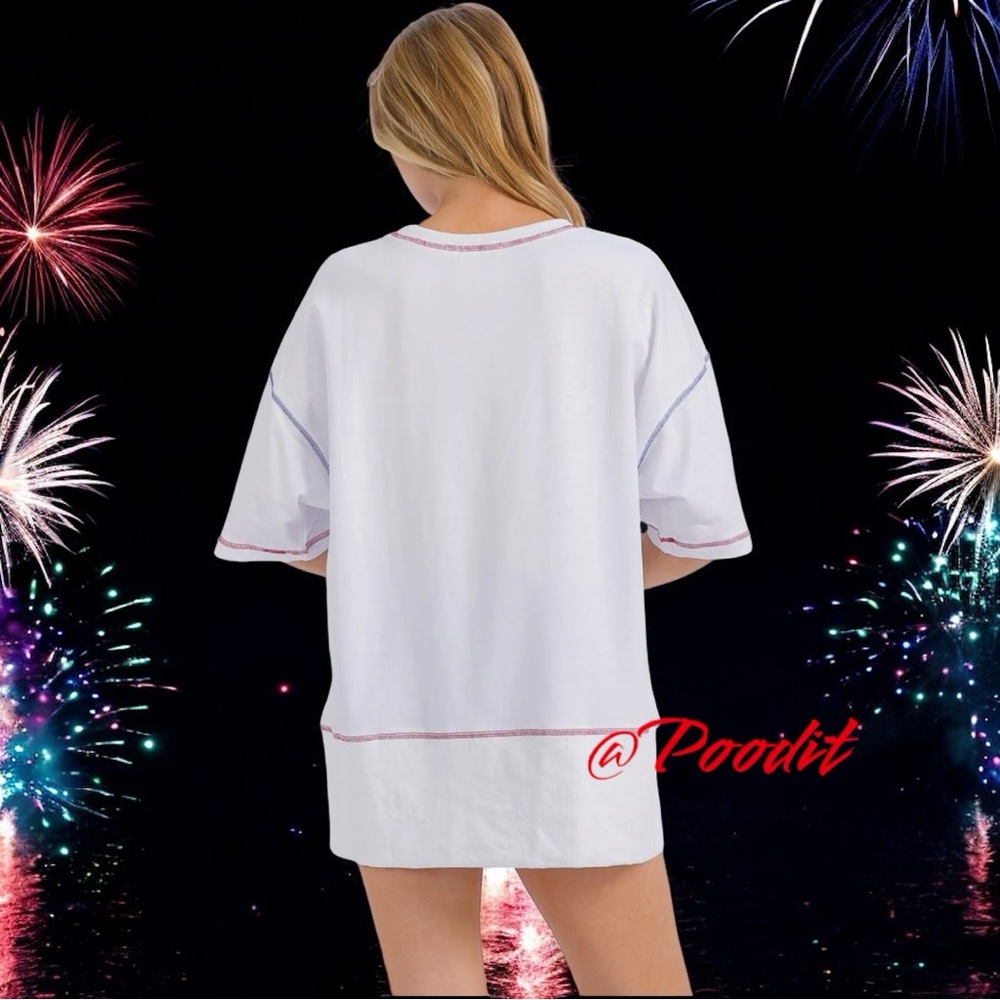 FANTASTIC FAWN sequin liberty patriotic oversized white tee S M L - Picture 3 of 9